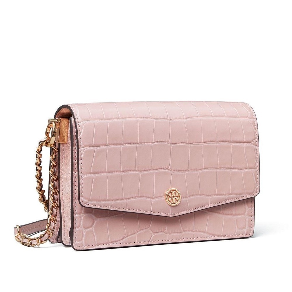Tory Burch Pink Croc-Embossed Leather Crossbody with Gold Chain